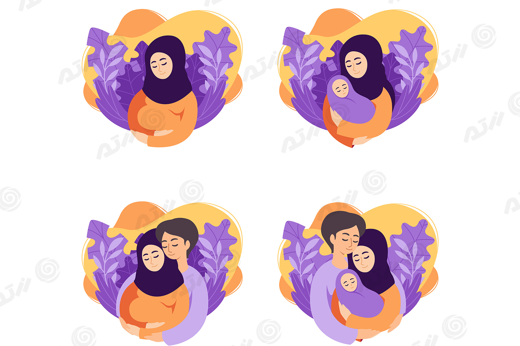 وکتور مادر باردار با حجاب اسلامی به همراه پدر و نوزاد در صحنه های متفاوت فایل EPS ویژه روز مادر